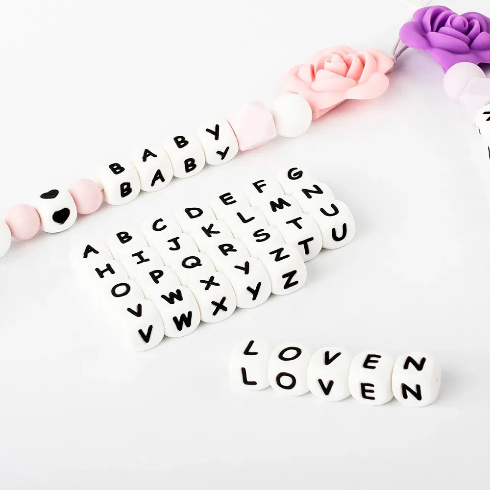 Color: Black - 10pcs 12mm Baby Silicone Letters Beads for Pacifier Clips Alphabet Bead Baby Chew Teething Teether Nursing Children Gifts 100Pcs