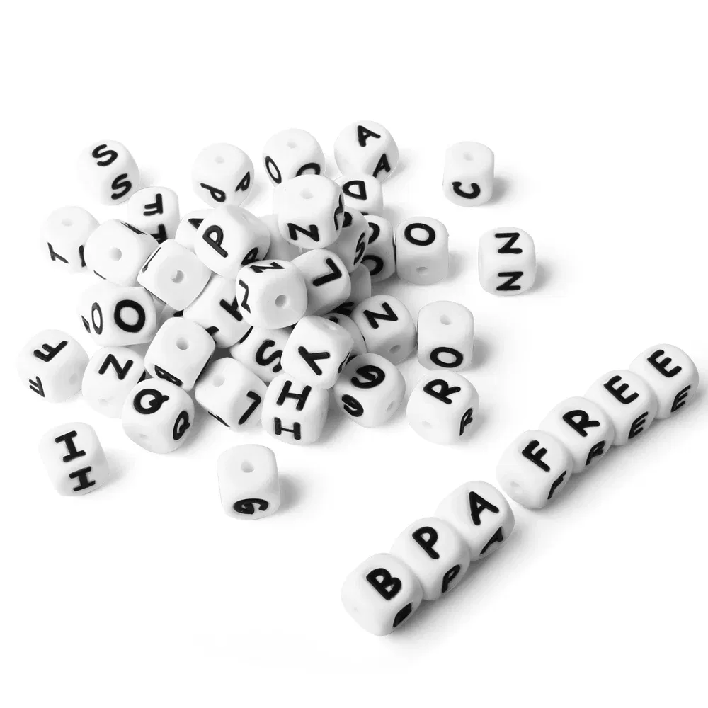 Color: Black - 10pcs 12mm Baby Silicone Letters Beads for Pacifier Clips Alphabet Bead Baby Chew Teething Teether Nursing Children Gifts 100Pcs