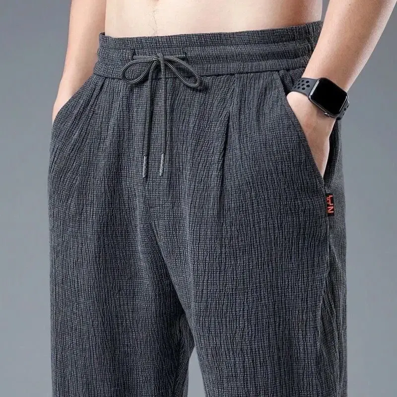 Color: GRAY, Size: L - Summer Ice Silk Man Jogger Linen Pants Casual Wide Summer Sweatpants Male Spring Lightweight Halking Harem Trousers