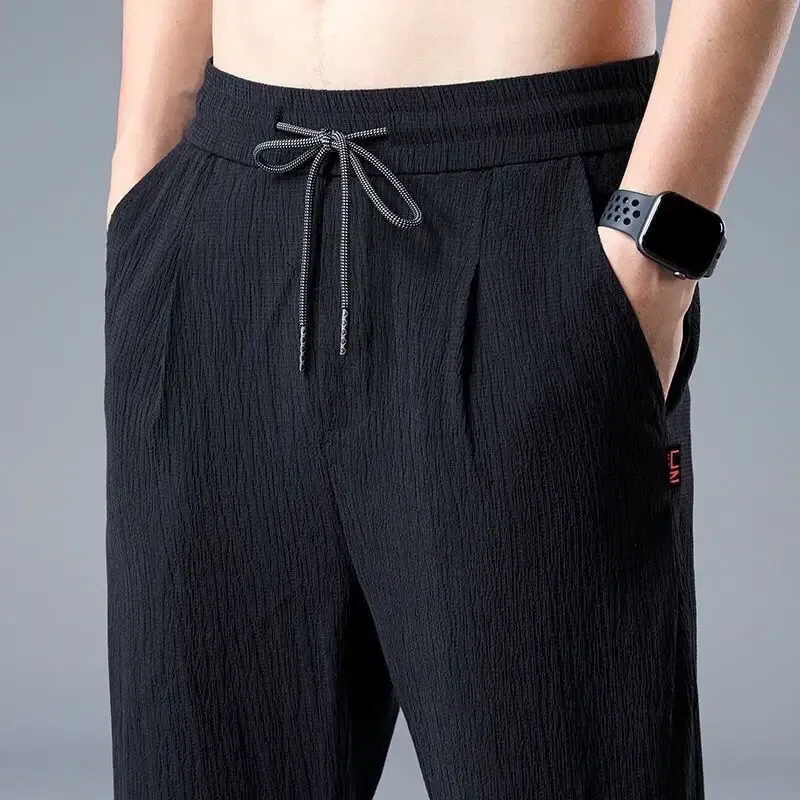Color: GRAY, Size: L - Summer Ice Silk Man Jogger Linen Pants Casual Wide Summer Sweatpants Male Spring Lightweight Halking Harem Trousers