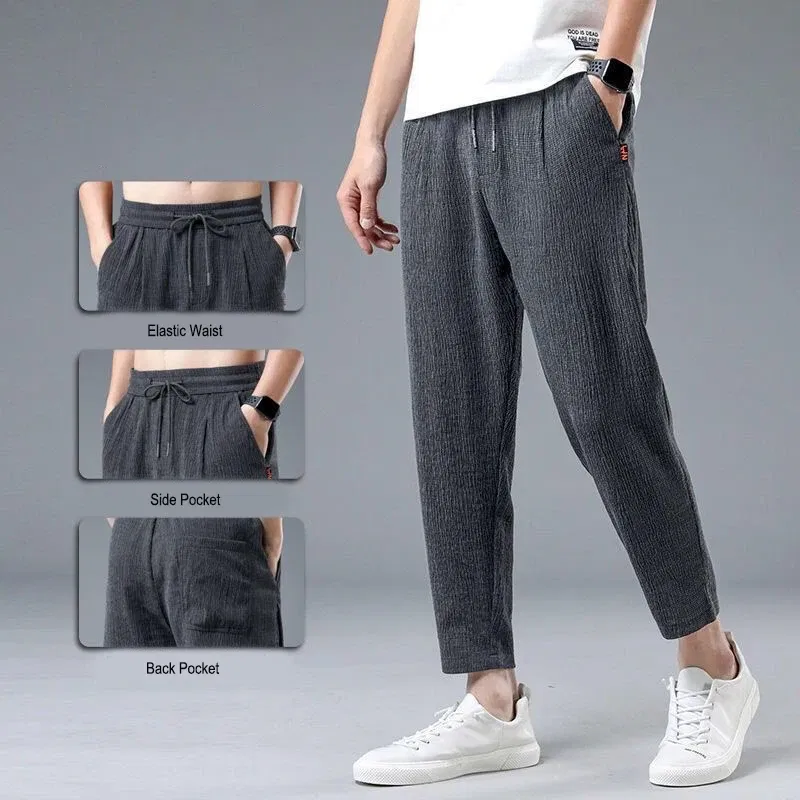 Color: GRAY, Size: L - Summer Ice Silk Man Jogger Linen Pants Casual Wide Summer Sweatpants Male Spring Lightweight Halking Harem Trousers