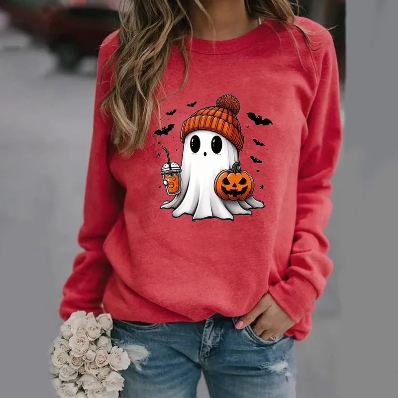 Color: Red, Size: M - Cute Ghost Pattern Sweater Women's Casual Halloween Ghost Harajuku Pullover Fall Women's Tops