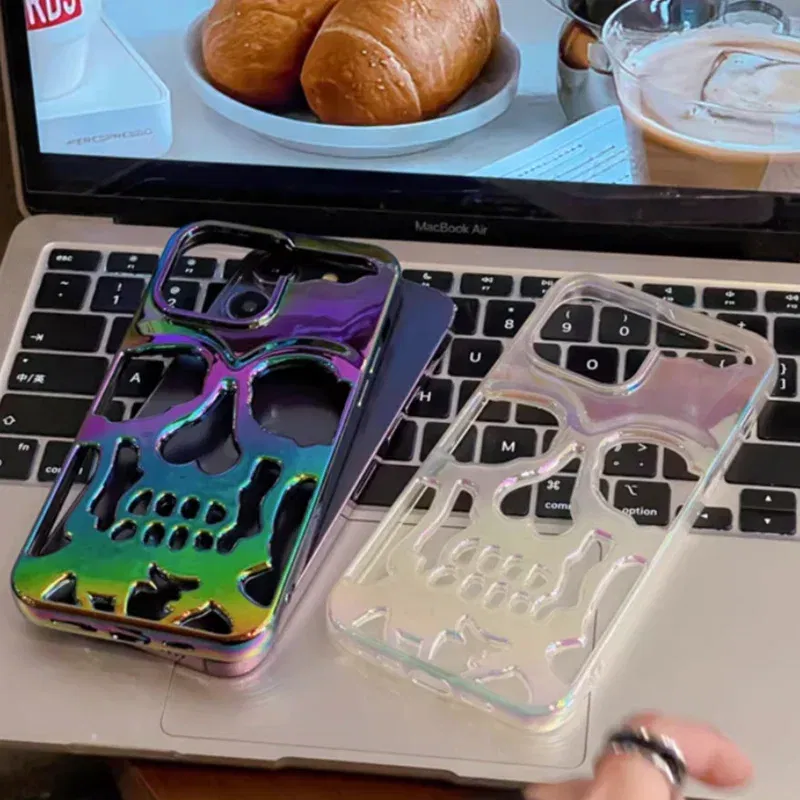 Color: Brown, Material: Canvas - 3D Skull Ghostface Phone Case for iPhone 14 15 ProMax 11 12 13 Pro Max Plus Fashion Hollow Heat Dissipation Plating Slim Cover
