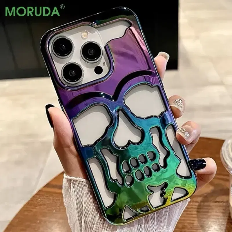 Color: Brown, Material: Canvas - 3D Skull Ghostface Phone Case for iPhone 14 15 ProMax 11 12 13 Pro Max Plus Fashion Hollow Heat Dissipation Plating Slim Cover