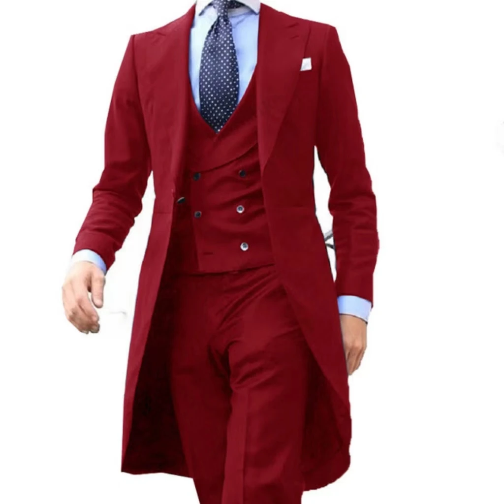 Color: green, Size: XXL - Elegant man suit Slim Fit Suit Luxury Formal Tuxedos Wedding 3 Pieces Blazer Vest Pants Set Long Tail Coat One Button Custom