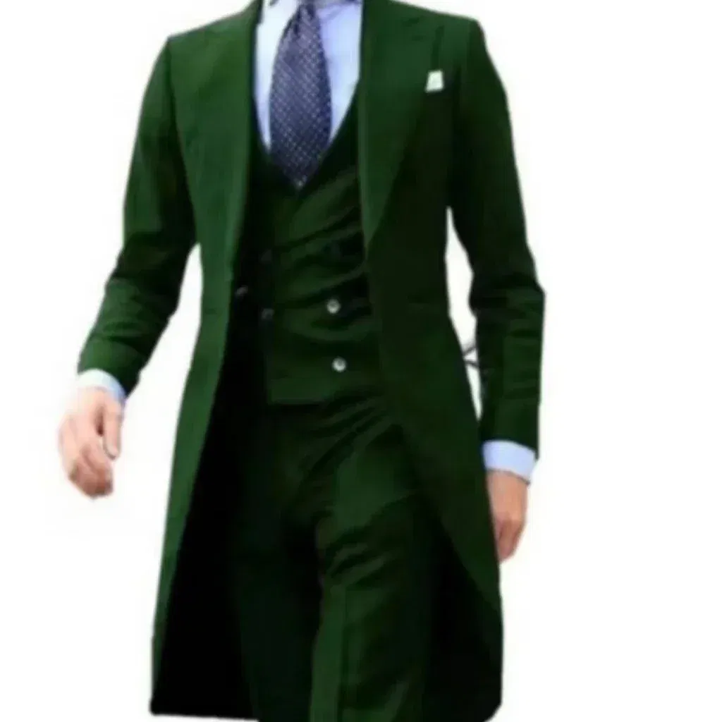 Color: green, Size: XXL - Elegant man suit Slim Fit Suit Luxury Formal Tuxedos Wedding 3 Pieces Blazer Vest Pants Set Long Tail Coat One Button Custom