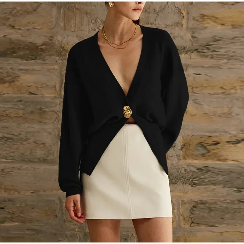 Color: Dark Brown, Size: M - Women's Knitted Sweater with Elegant Temperament, Solid Color, Long Sleeved Buttons, Knitted Open