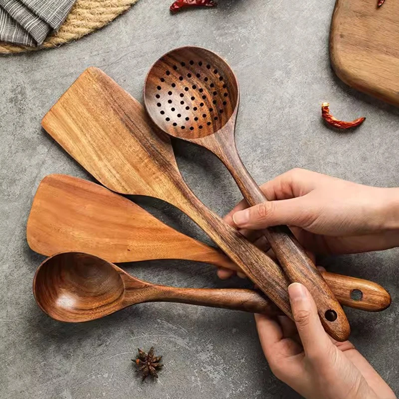 Color: Light Yellow - Teak Wooden Spatulas Kitchen Utensils Cooking Utensil Eco-Friendly Wood Spatula for Non Stick Cookware