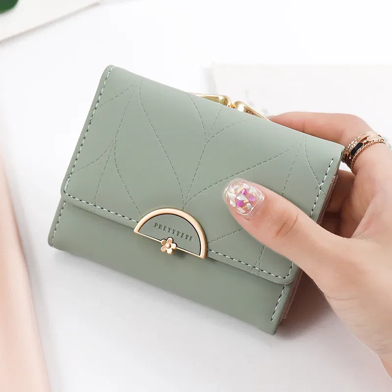 Color: green - 024 Women's summer new women's short wallet Japan and South Korea PU leather hardware buckle three fold bag high texture multi-c