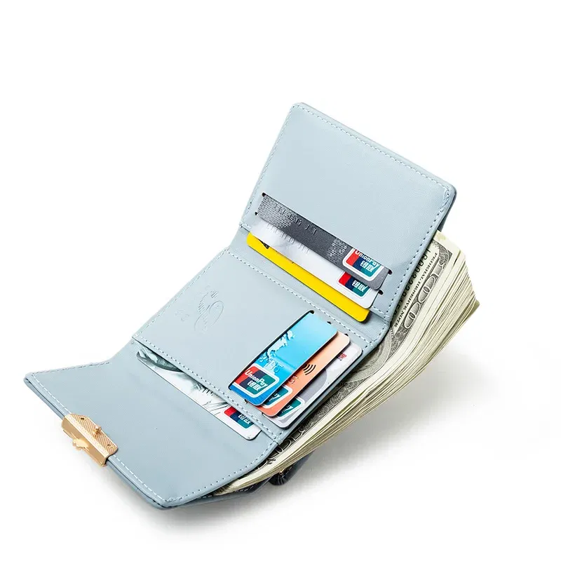 Color: green - 024 Women's summer new women's short wallet Japan and South Korea PU leather hardware buckle three fold bag high texture multi-c