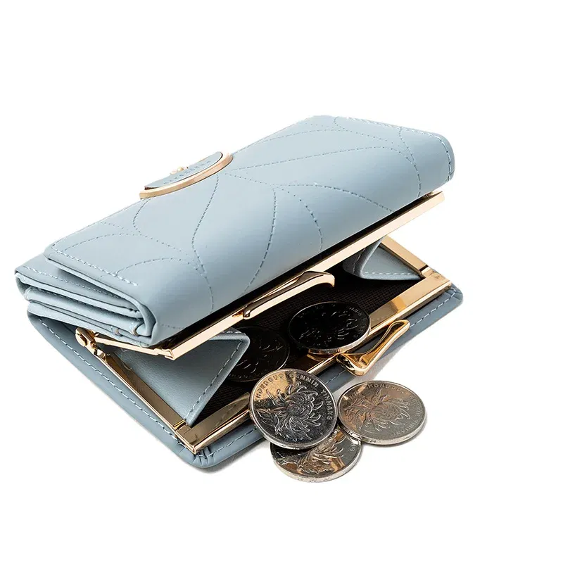 Color: green - 024 Women's summer new women's short wallet Japan and South Korea PU leather hardware buckle three fold bag high texture multi-c