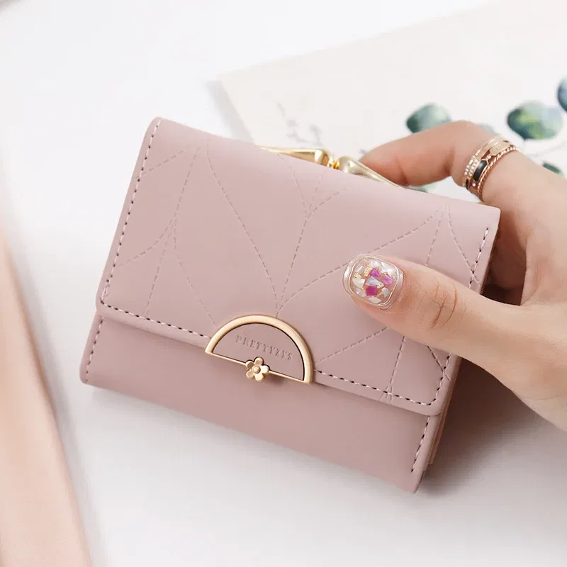 Color: green - 024 Women's summer new women's short wallet Japan and South Korea PU leather hardware buckle three fold bag high texture multi-c