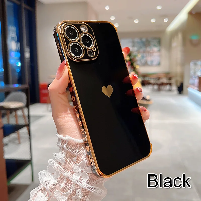 Color: black, Compatible-Phone Models: For iPhone 14 Pro, Ships From: CN - Electroplating Side Love Heart Phone Case For IPhone 17 16 15 14 13 12 11 Pro Max XR 8 Plus SE2/SE3 Shockproof Back Cover