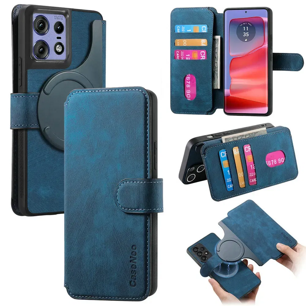 Color: Blue, Material: Microfiber - Edge 50 60 Fusion 5G Flip Case For Motorola Edge 60 Pro 2In1 Detachable Leather Wallet Funda Moto Edge 50 Neo 60 Pro S50 Cover