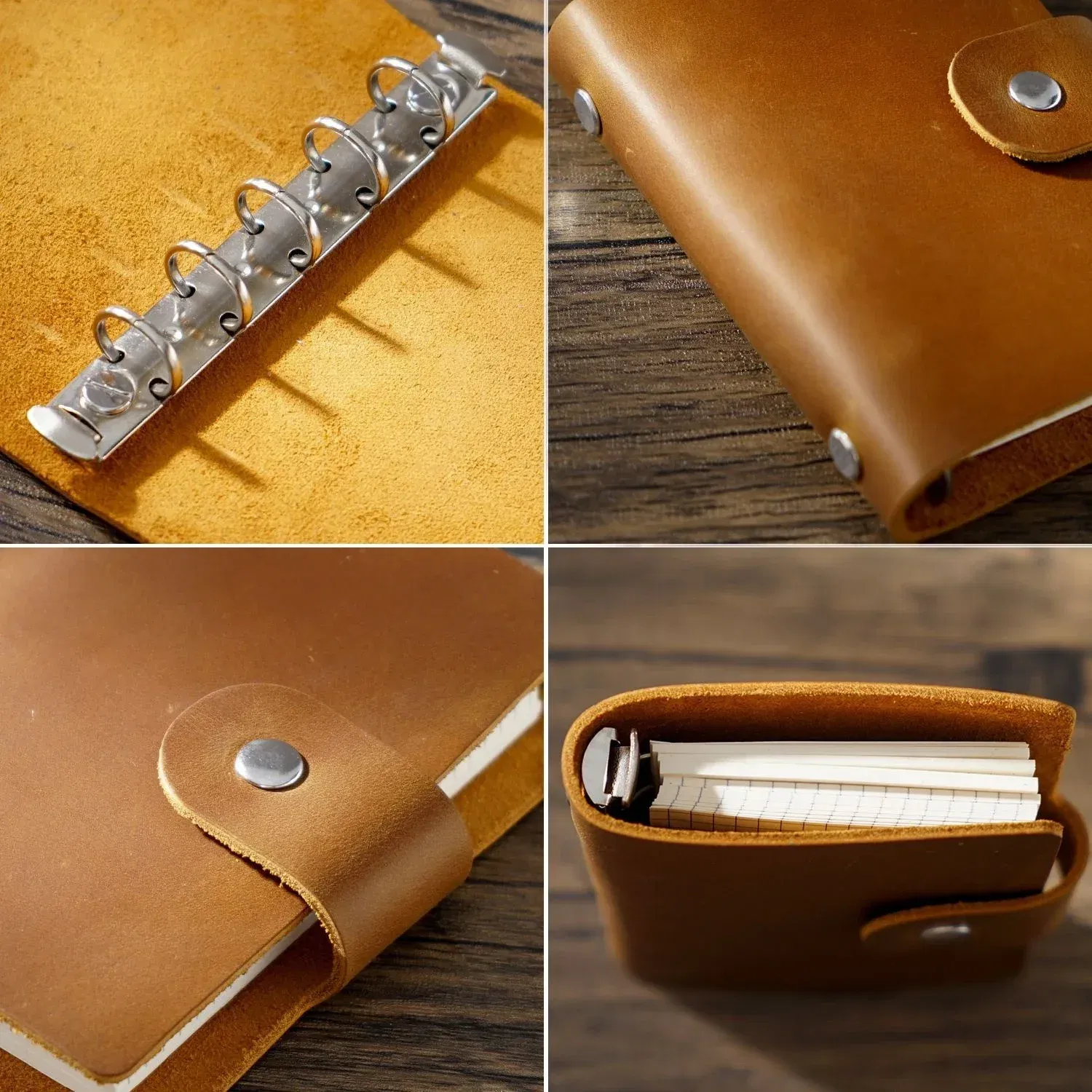 Color: Light Blue - Genuine Leather A8 Size Ring Planner Cowhide 5-hole Rings Mini Notebook with 15 MM silver Rings Retro Organizer Diary Notepad