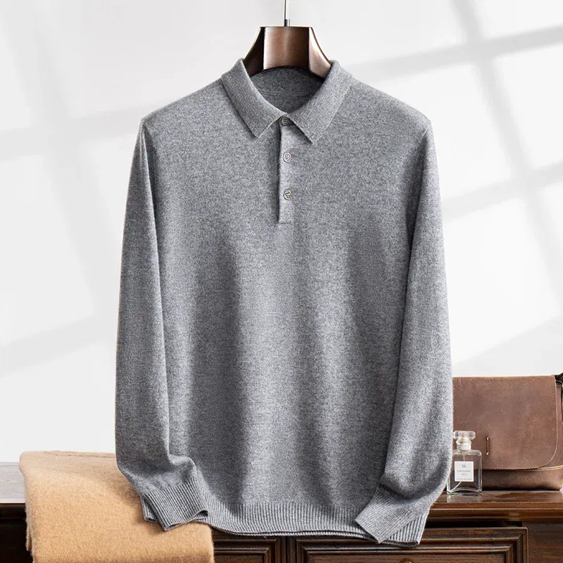 Color: Brown, Size: L - High Quality Men's 100% Cashmere POLO Collar Pullover Soft Elastic Autumn Winter Business Casual Solid Color Knitted Sweater
