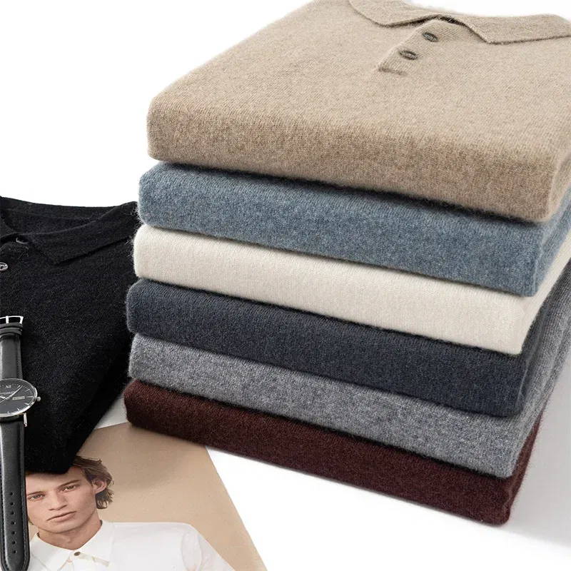 Color: Brown, Size: L - High Quality Men's 100% Cashmere POLO Collar Pullover Soft Elastic Autumn Winter Business Casual Solid Color Knitted Sweater