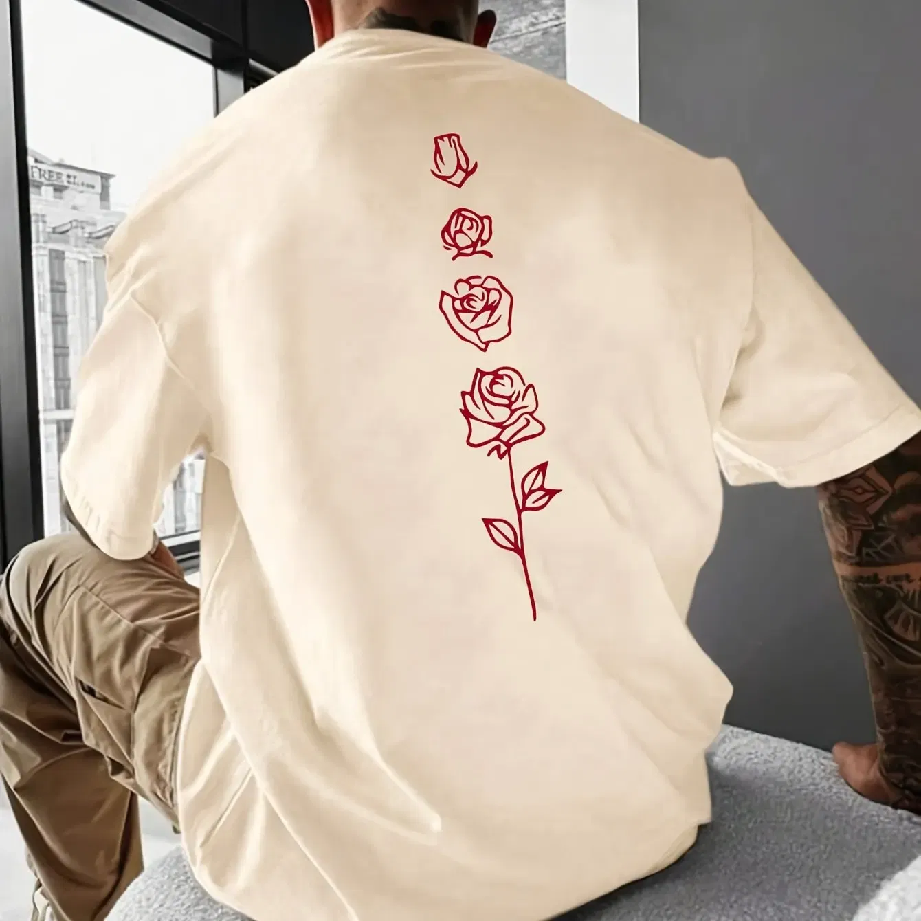 Color: Gold, Size: XL - Men's Summer Loose Fit 100 Cotton Rose pattern Print T-shirt Tops