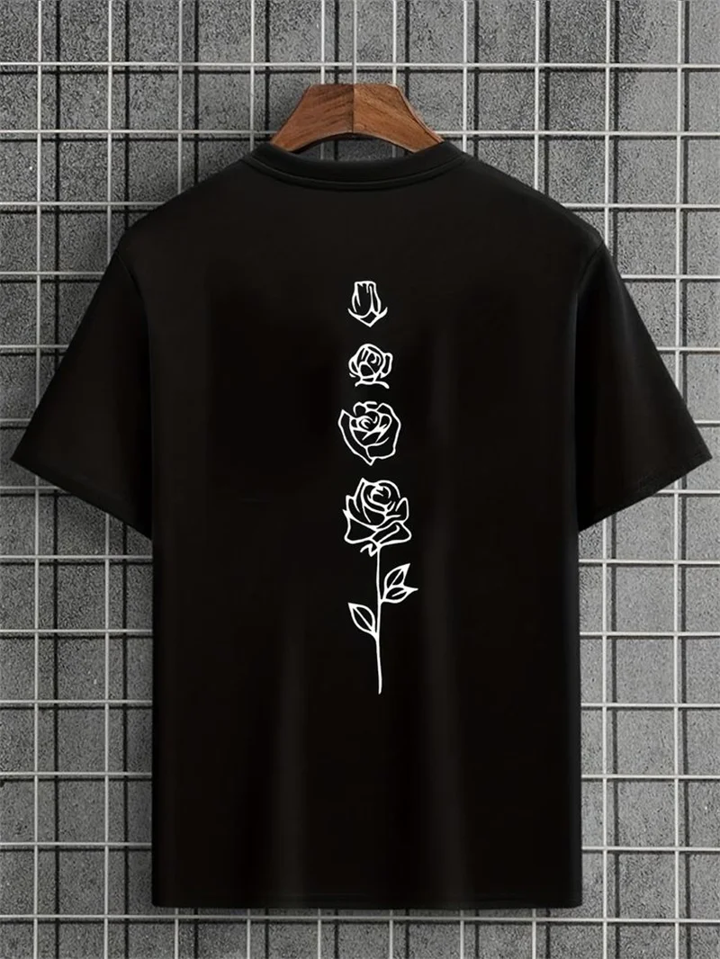 Color: Gold, Size: XL - Men's Summer Loose Fit 100 Cotton Rose pattern Print T-shirt Tops