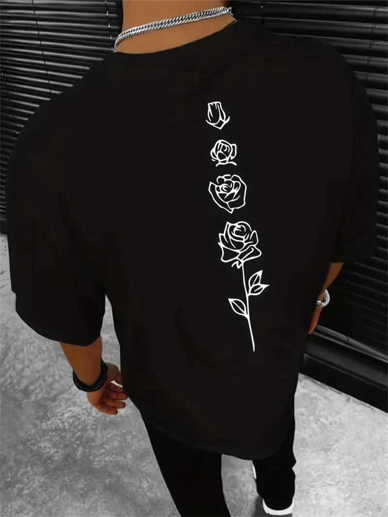 Color: Gold, Size: XL - Men's Summer Loose Fit 100 Cotton Rose pattern Print T-shirt Tops