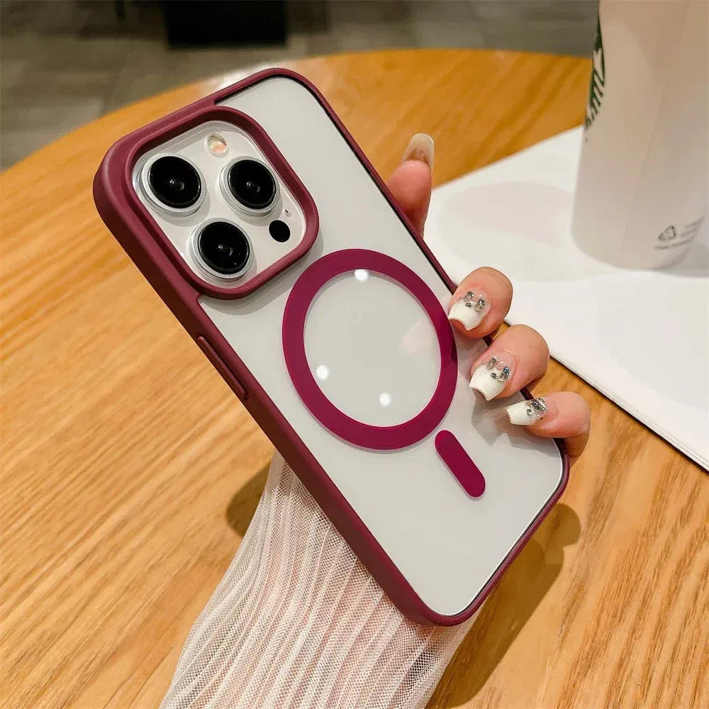 Color: Claret, Material: PU - Luxury Shockproof Magsafe Wireless Charge Case for iPhone 17 Air 16 15 14 Plus 13 12 Mini 11 Pro Max Clear Magnetic Bumper Cover