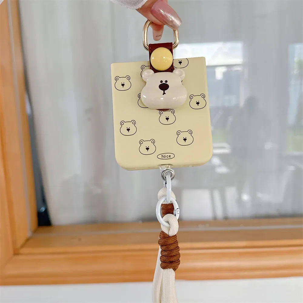 Color: Beige, Material: aluminum - Cute 3D Bear Hand Strap Case for Samsung Galaxy Z Flip 6 5 4 3 Lanyard Ring Holder Shockproof Cover for Samsung Flip6 ZFlip5
