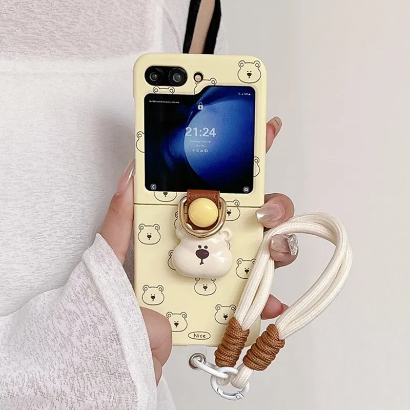 Color: Beige, Material: aluminum - Cute 3D Bear Hand Strap Case for Samsung Galaxy Z Flip 6 5 4 3 Lanyard Ring Holder Shockproof Cover for Samsung Flip6 ZFlip5