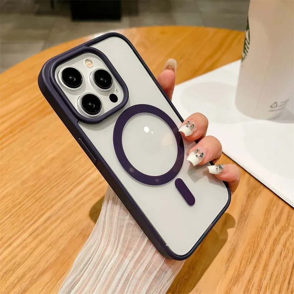 Color: PURPLE, Material: Carbon Fiber - Luxury Shockproof Magsafe Wireless Charge Case for iPhone 17 Air 16 15 14 Plus 13 12 Mini 11 Pro Max Clear Magnetic Bumper Cover