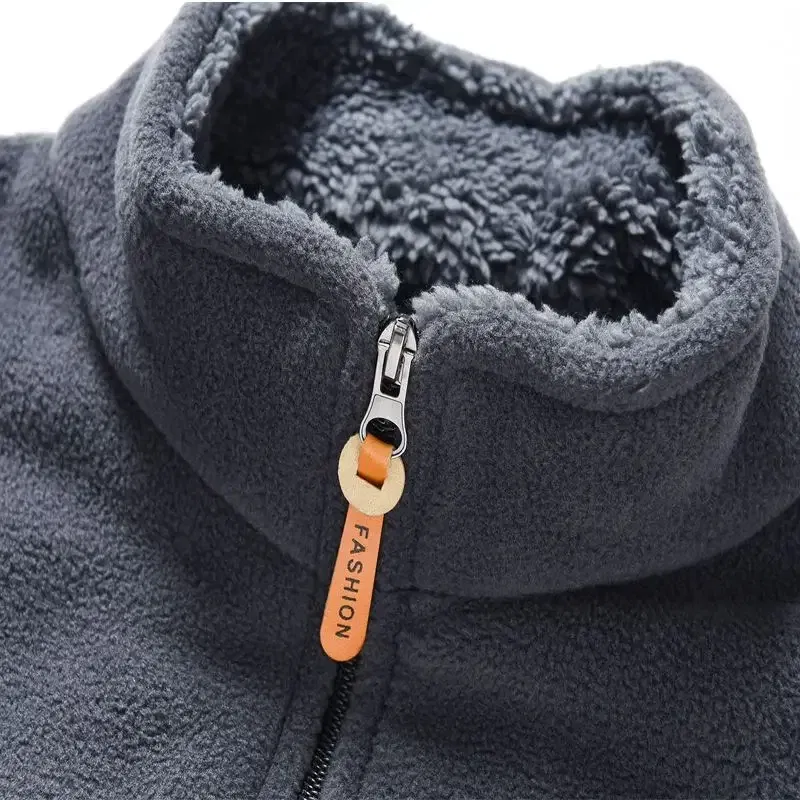 Color: GRAY, Size: 5XL - Men's Fleece Zip Up Outerwear Zipper Fleece-lined Stand Collar Thickened Outdoor Jacket Windproof Polar Fleece Coldproof Jackets