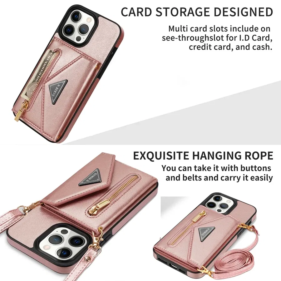 Color: black, Material: leather - Wallet Side Card Zipper Flip Crossbody Leather Case For iPhone 15 14 Pro Max 13 Mini 12 11 SE 2022 2020 X XS XR 8 7 6 6s Plus