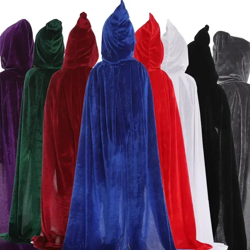 Color: Beige, Size: L - Velvet Cloak Cape Hooded Medieval Costume Witch Wicca Vampire Man Woman Unisex Solid Color