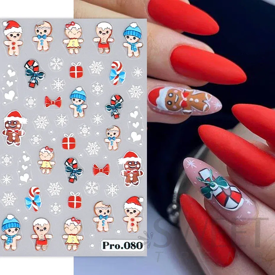 Color: Slate - 5D Embossed Elk Nail Art Sticker Cute Christmas Winter Santa Claus Snowflake Gingerbread Man Engraved Slider Manicure Decoration