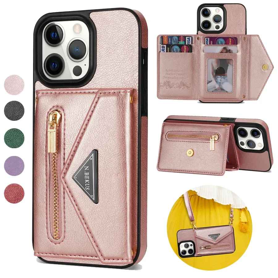 Color: Red, Material: PC + TPU - Wallet Side Card Zipper Flip Crossbody Leather Case For iPhone 15 14 Pro Max 13 Mini 12 11 SE 2022 2020 X XS XR 8 7 6 6s Plus
