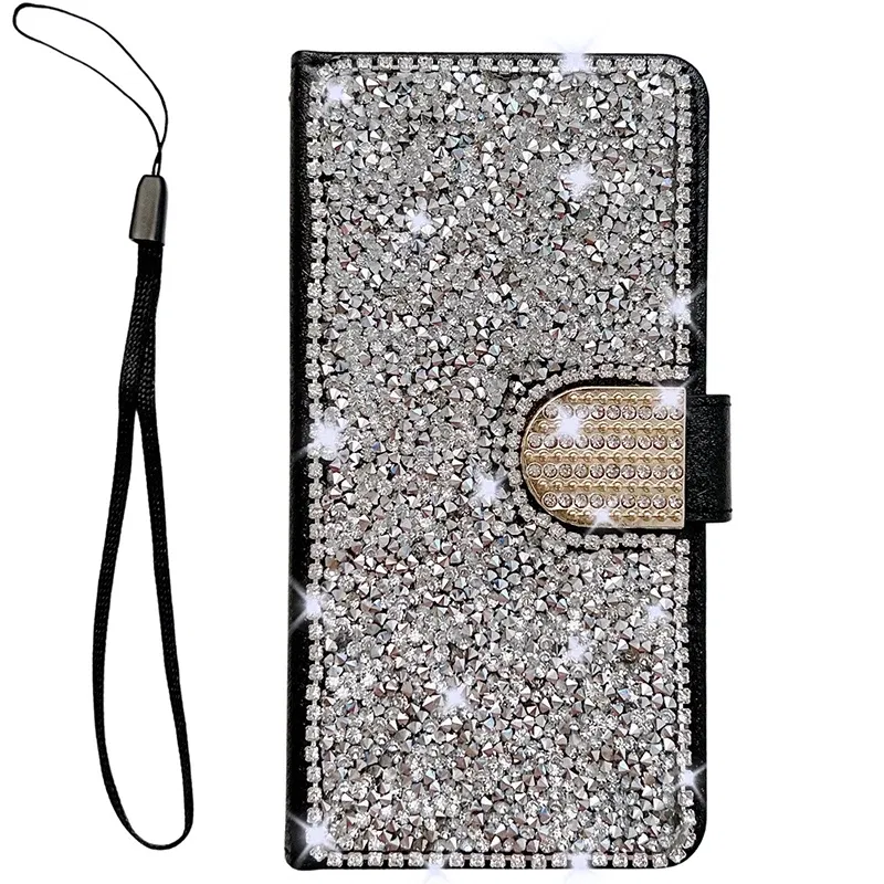 Color: black, Material: Nylon - Glitter Diamond Wallet Leather Case For Samsung Galaxy A14 A15 A16 A35 A55 A34 A54 S25 Ultra S24 FE S23 S22 S21 S20 Plus