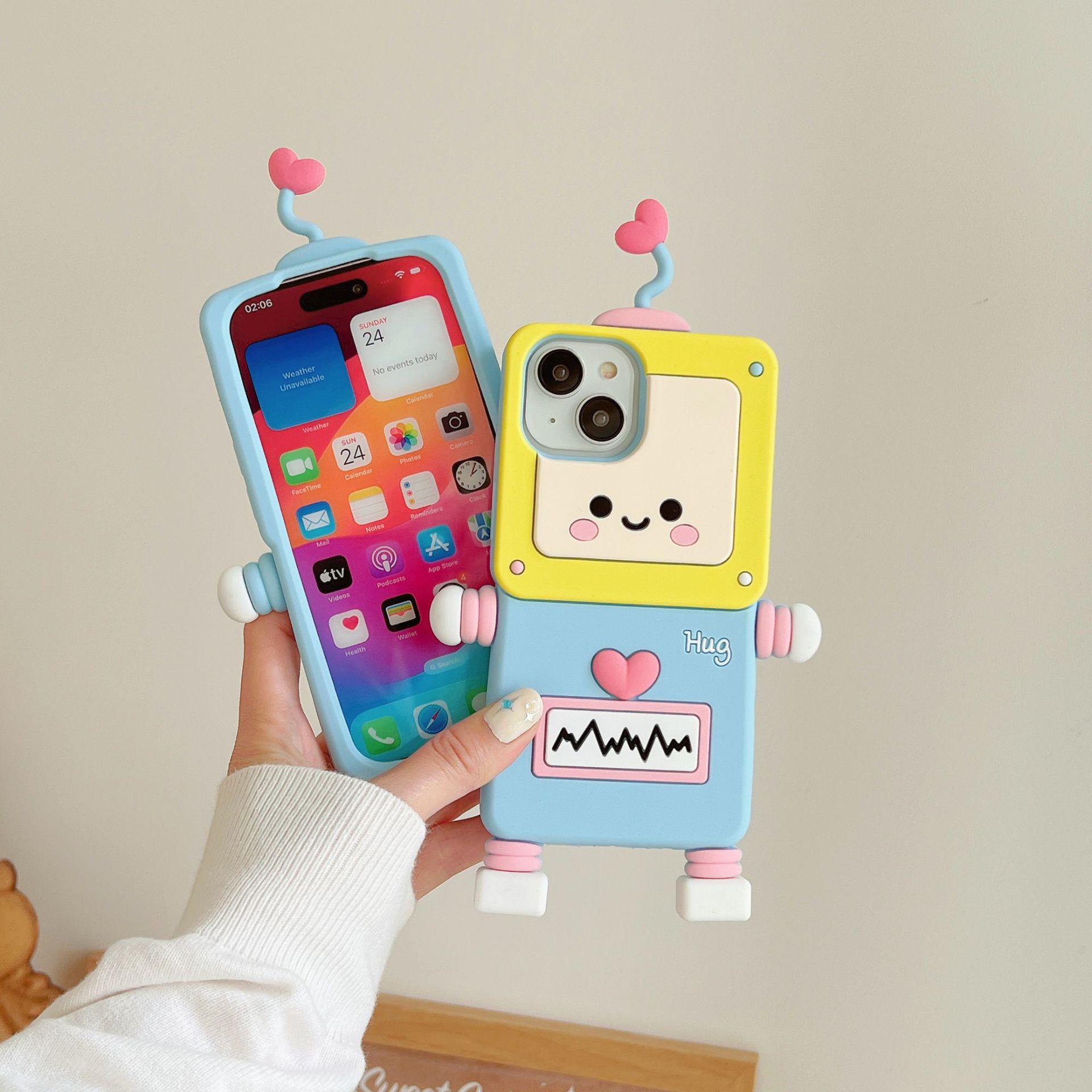 Material: NEOPRENE, Color: Beige - New Cartoon Love Antenna Robot Phone Case For iPhone 15 14 13 12 Pro Max 11 Drop Resistant Case Card