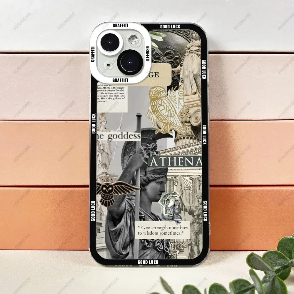 Color: Beige, Material: Carbon Fiber - Aesthetic Statue Art Phone Case For iPhone 16 15 14 13 12 11 Pro Max XS X XR Plus Mini Luxury Transparent Soft Funda
