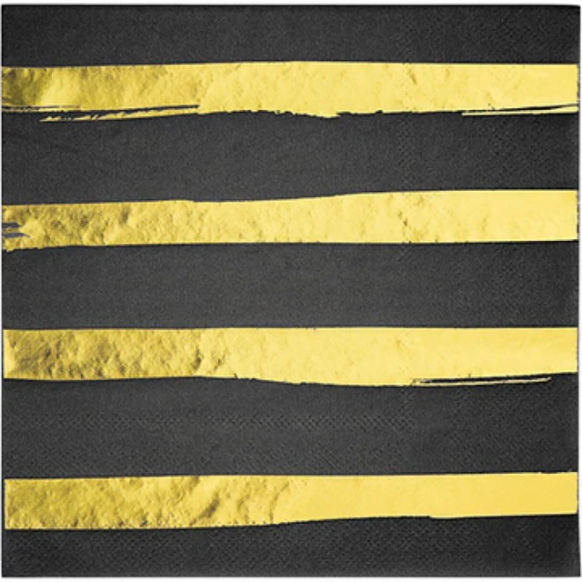 Touch Of Colour Black Velvet & Gold Foil Striped Lunch Napkins  (Pack of 16)