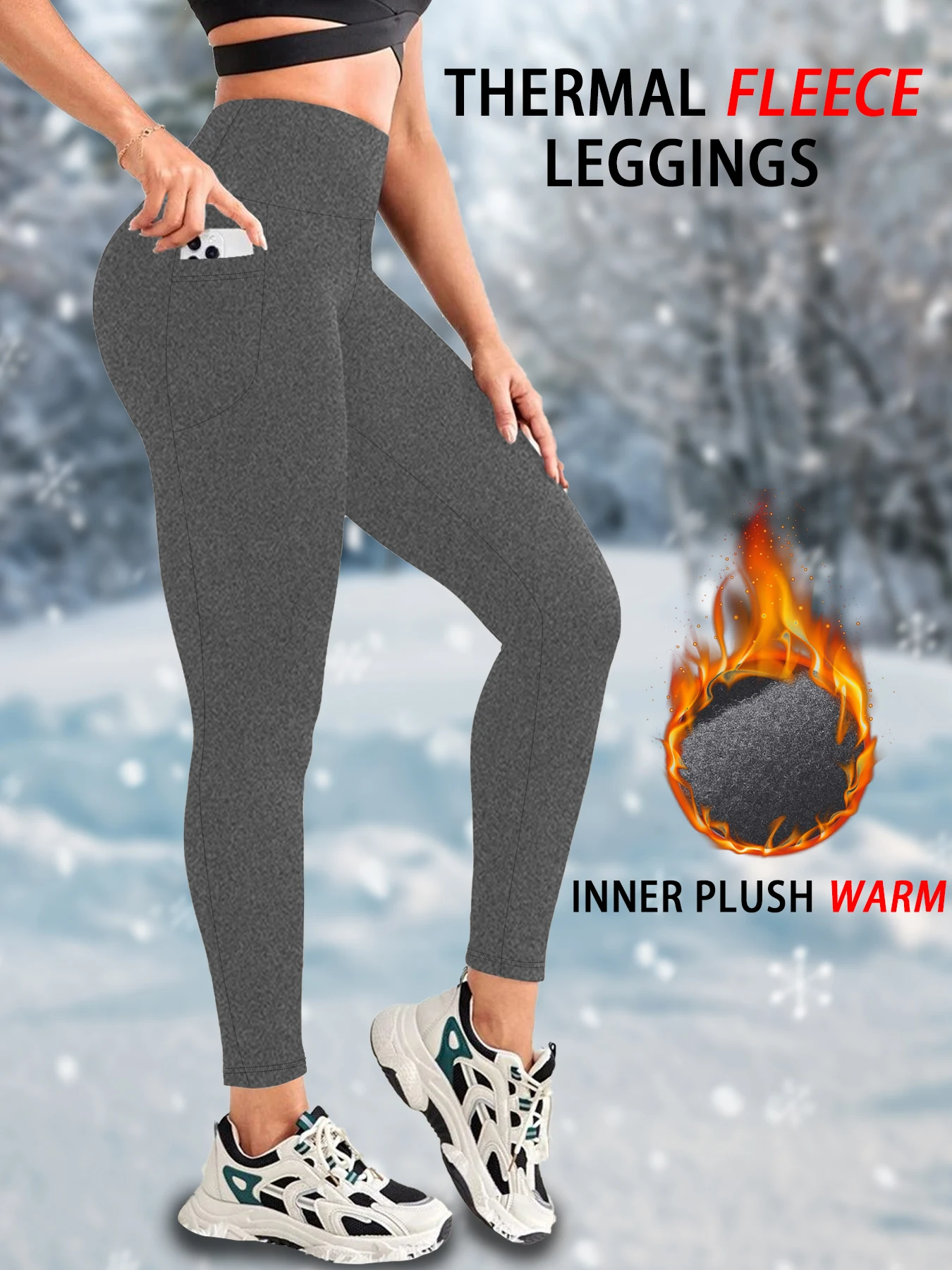 Color: GRAY, Size: M - Womens Thermal Fleece Lined High Waisted with pockets Leggings, Workout Winter Warm Thick Tights Soft Yoga Running Pants
