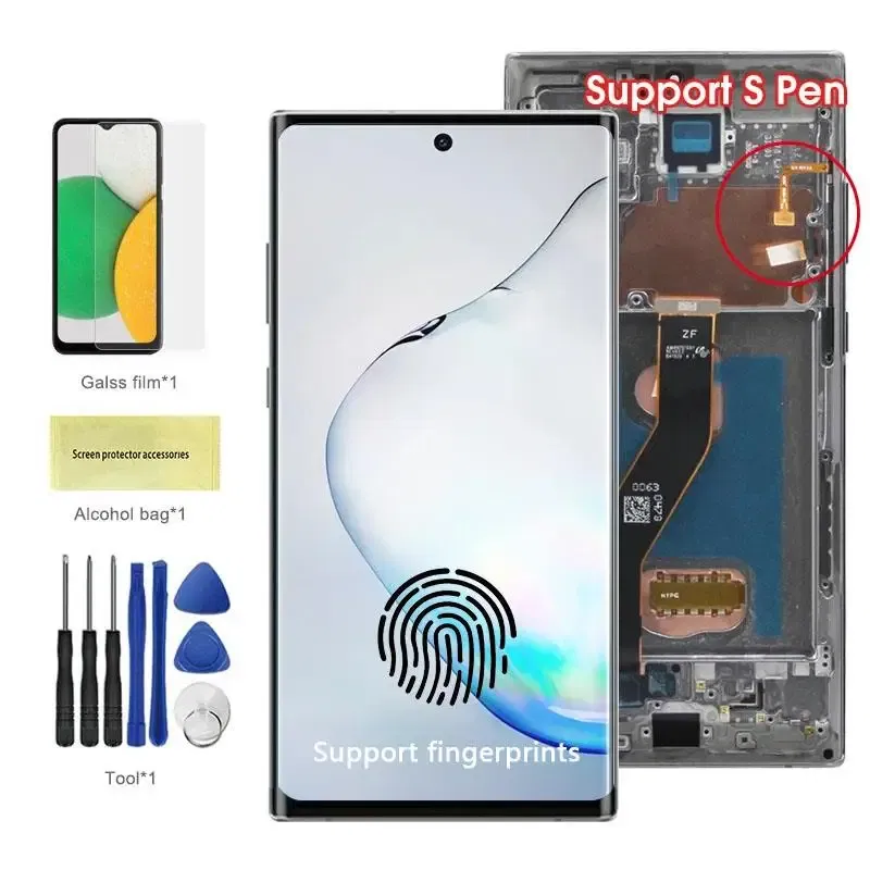 Color: AZURE, Ships From: CHINA - Top AMOLED Note 10 Plus Screen for Samsung Galaxy Note10+ N975F Lcd Display Touch Screen Support S Pen Fingerprints with Frame