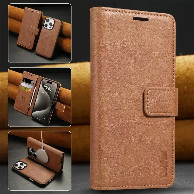 Color: Brown, Material: Cotton - 2 in 1 MagSafe Wallet Case for IPhone 16 Promax 15 Plus 14 Pro Max 13 12 Iphone16 Magnetic Wireless Charging Phone Cover