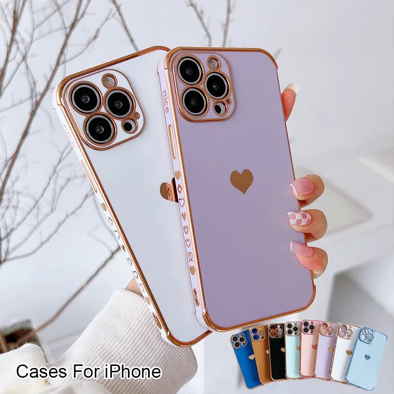 Color: Beige, Compatible-Phone Models: For iPhone 16 Pro, Ships From: CN - Electroplating Side Love Heart Phone Case For IPhone 16 15 14 13 12 11 Pro Max XR 8 Plus SE2/SE3 Shockproof Back Cover