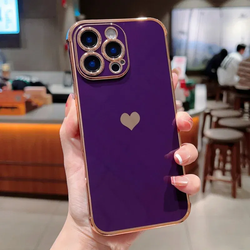 Color: Beige, Compatible-Phone Models: For iPhone 16 Pro, Ships From: CN - Electroplating Side Love Heart Phone Case For IPhone 16 15 14 13 12 11 Pro Max XR 8 Plus SE2/SE3 Shockproof Back Cover