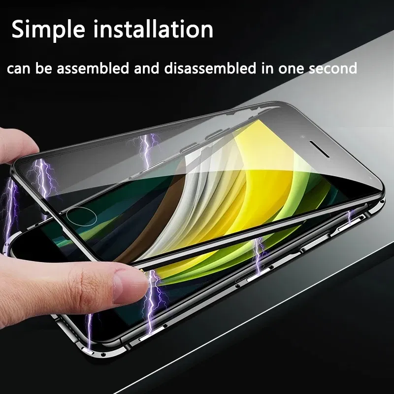 Color: Black, Material: ABS - Magnetic Metal Case For iPhone 15 14 13 12 11 Pro 14Pro Max XS X XR 7 8 14Plus 12 Mini SE 2020 Double Sided Tempered Glass Cover