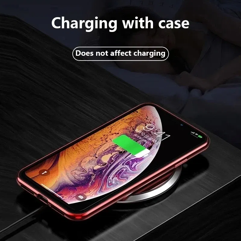 Color: Black, Material: ABS - Magnetic Metal Case For iPhone 15 14 13 12 11 Pro 14Pro Max XS X XR 7 8 14Plus 12 Mini SE 2020 Double Sided Tempered Glass Cover