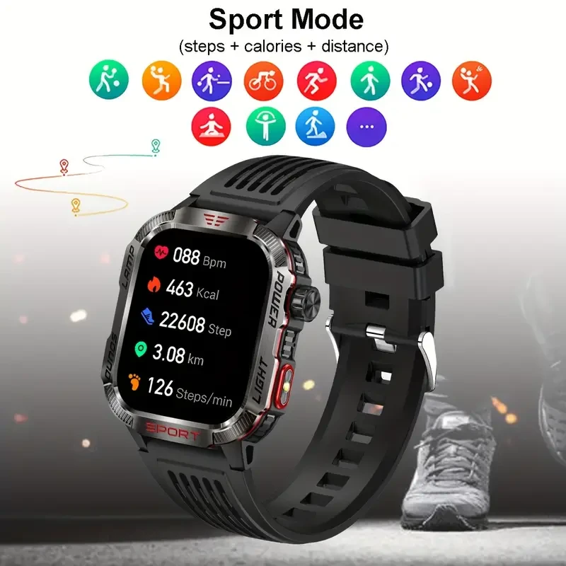 Rugged Smartwatch with Call Function for iPhone & Android, Wireless 5.0, IPS Touchscreen