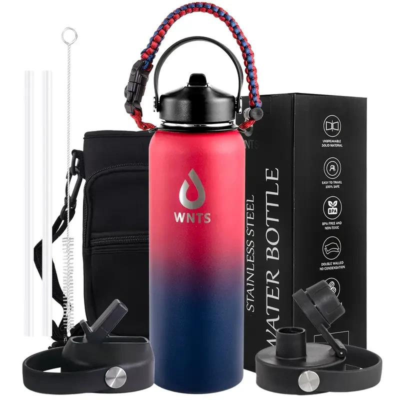 Insulated Stainless Steel Water Bottle with Straw and Brush - 40oz/60oz, Double Wall, 2 Lids, with Carrying Pouch and Loop