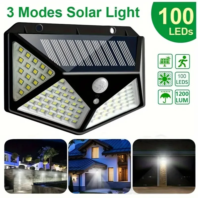 2pcs 100 LED Solar Power Wall Lights - PIR Motion Sensor Outdoor Lamp