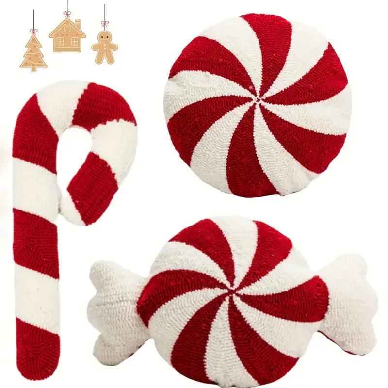 Vintage Christmas Candy Cane and Peppermint Throw Pillow Set, Red and White Plush Decorative Cushion