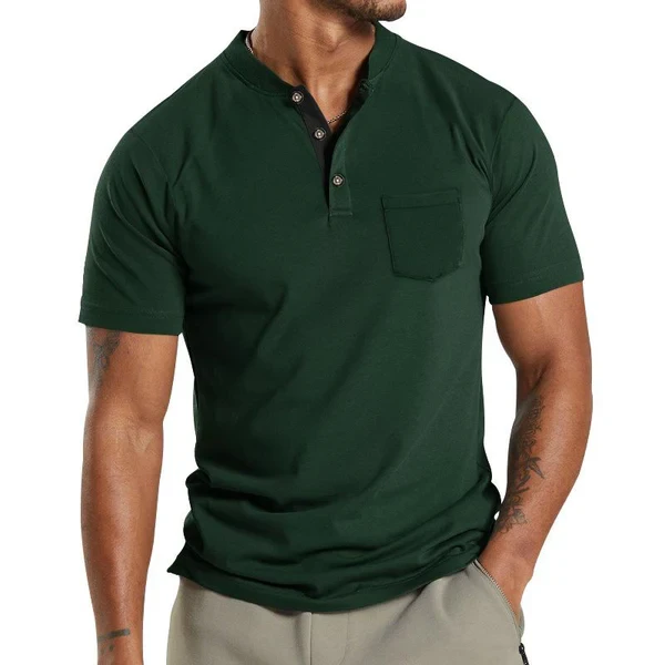 Solid Henley Collar Breast Pocket Short Sleeve T-Shirt