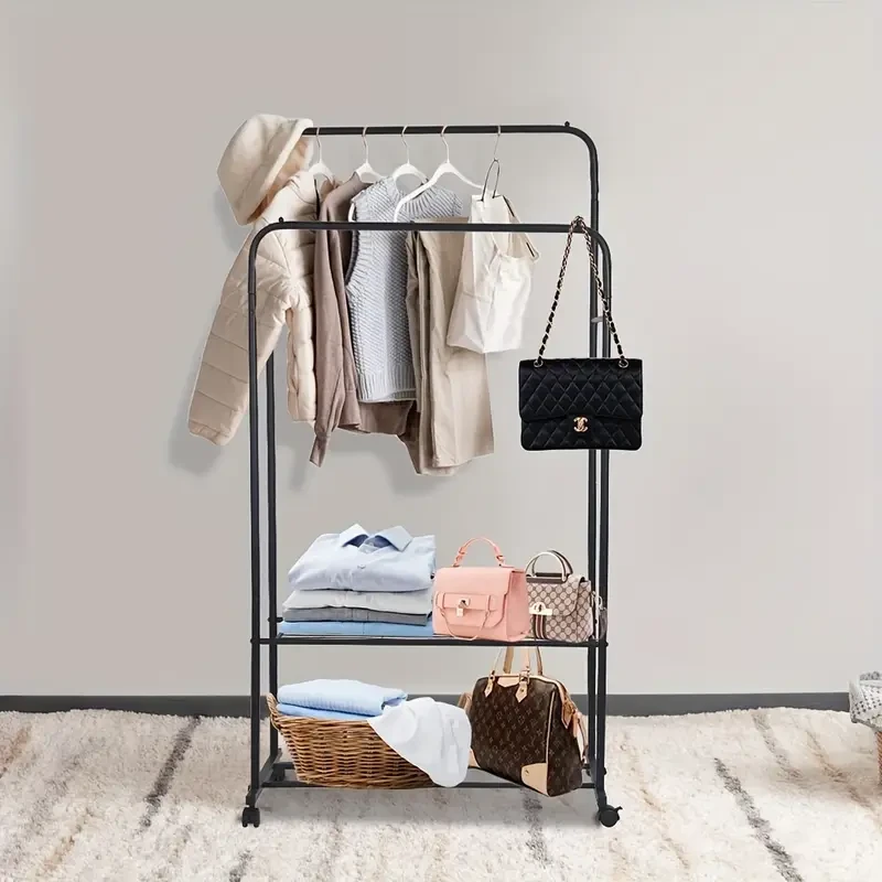 Mobile Double Rail Clothes Rack with Storage Shelves